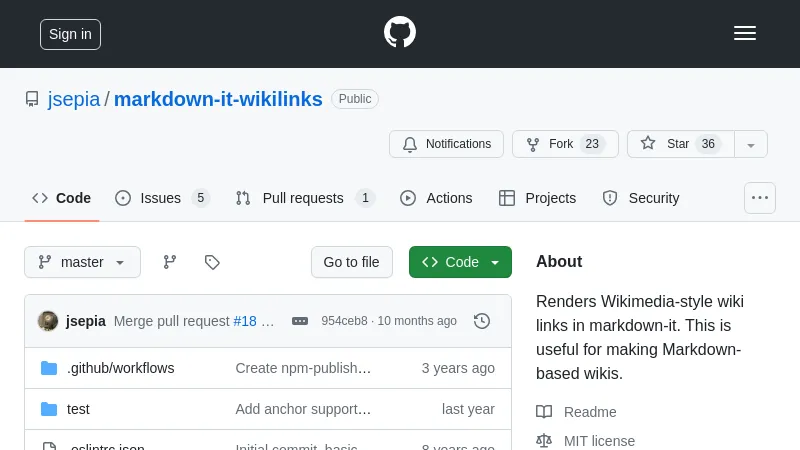 a screenshot of https://github.com/jsepia/markdown-it-wikilinks#readme