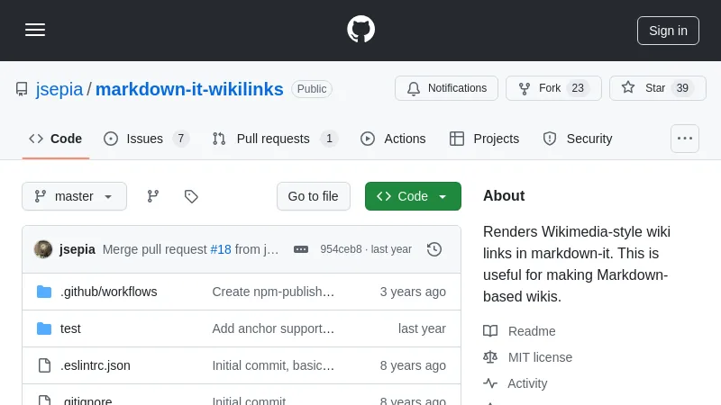 a screenshot of https://github.com/jsepia/markdown-it-wikilinks#readme