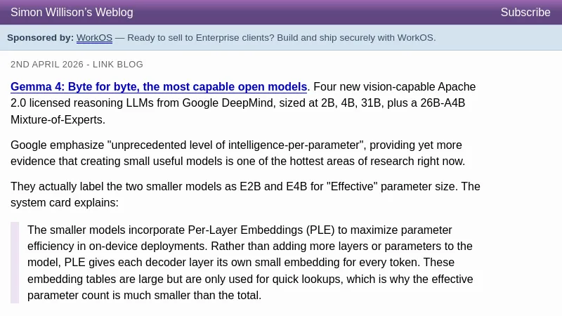 Gemma 4: Byte for byte, the most capable open models - Simon Willison