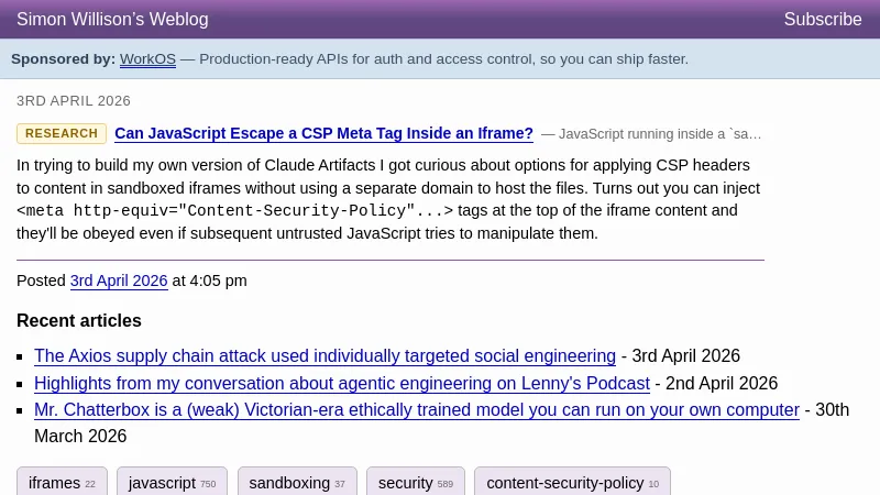 Can JavaScript Escape a CSP Meta Tag Inside an Iframe? - Simon Willison