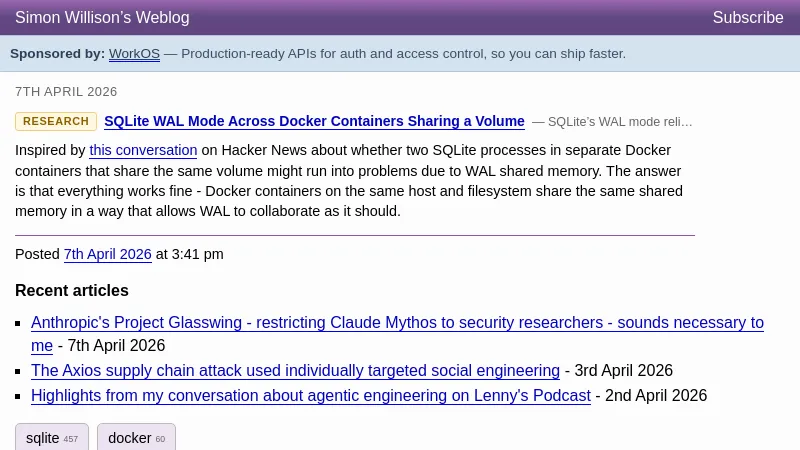 SQLite WAL Mode Across Docker Containers Sharing a Volume - Simon Willison
