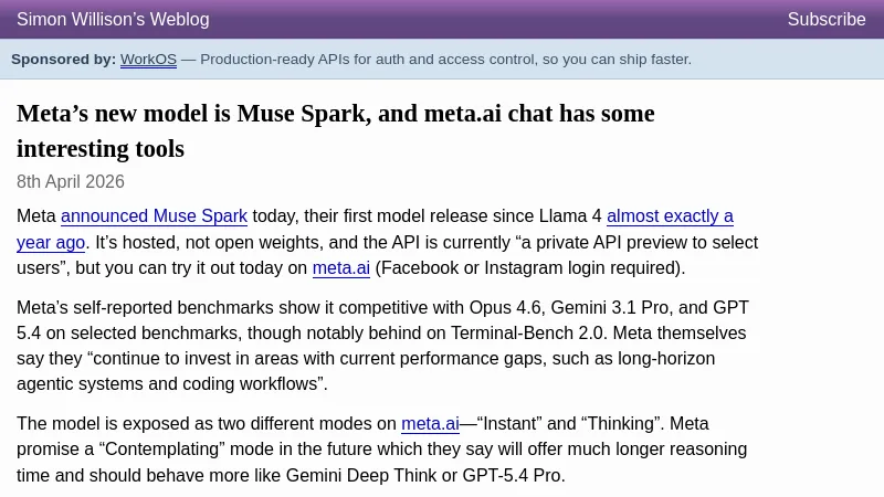 Meta's new model is Muse Spark, and meta.ai chat has some interesting tools - Simon Willison