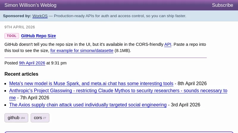 GitHub Repo Size - Simon Willison