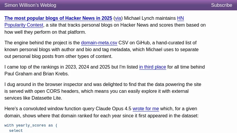 shot of post - 💭 The most popular blogs of Hacker News in 2025