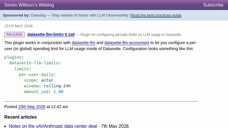 datasette-llm-limits 0.1a0 - Simon Willison