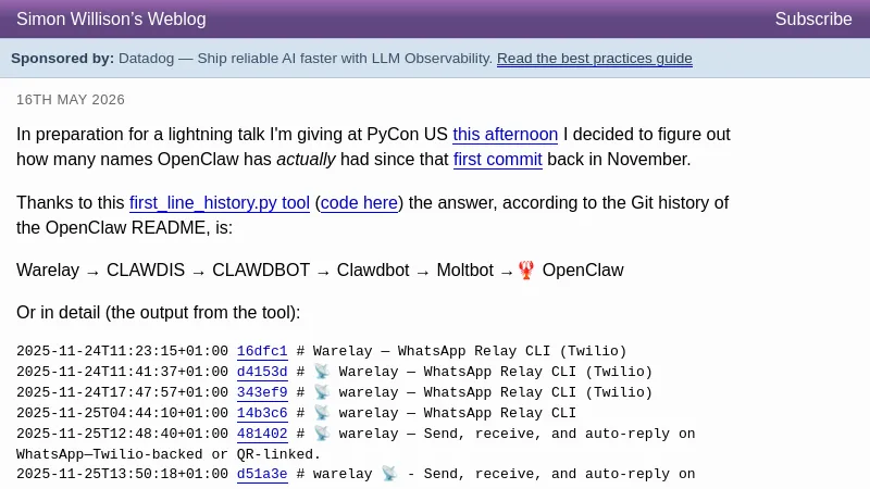 Warelay -> OpenClaw - Simon Willison