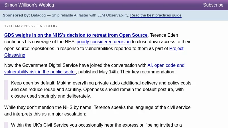 GDS weighs in on the NHS's decision to retreat from Open Source - Simon Willison