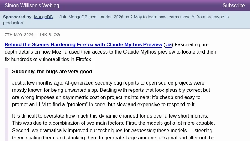 Behind the Scenes Hardening Firefox with Claude Mythos Preview - Simon Willison