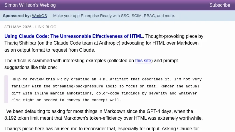 Using Claude Code: The Unreasonable Effectiveness of HTML - Simon Willison